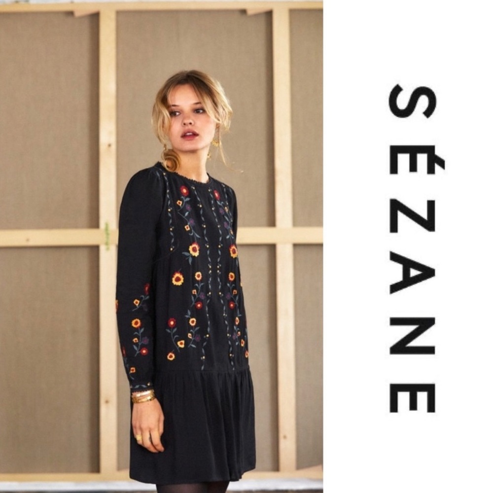 Sezane Black Floral Embroidered Elise Long Sleeve Mini Dress, sz 8/40